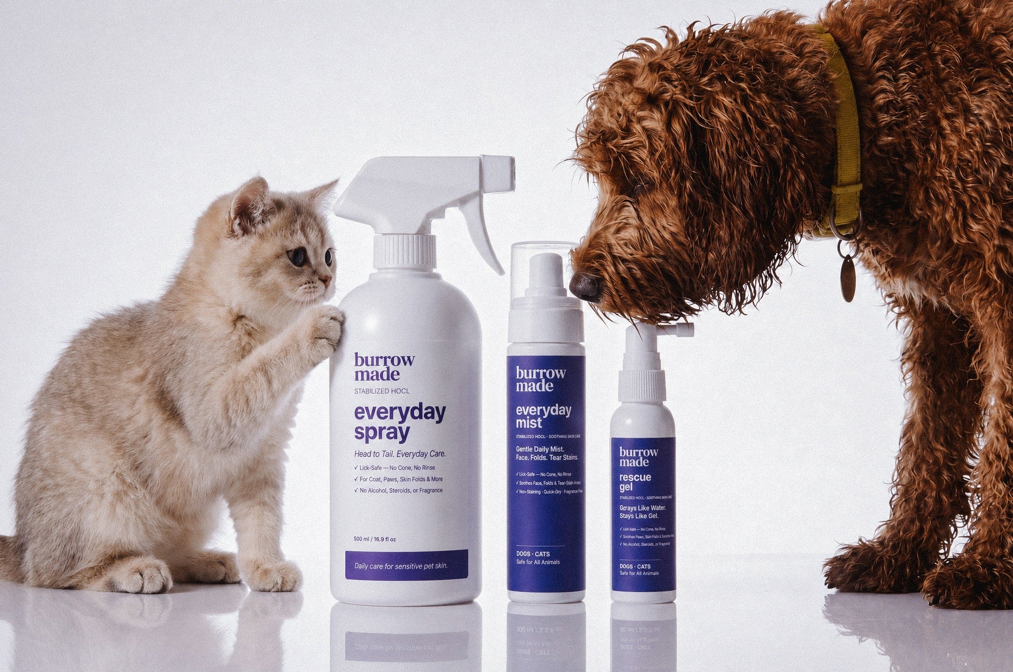 Burrow Made's Everyday Spray, Everyday Mist, and Rescue Gel next to a Doodle and a calico cat.
